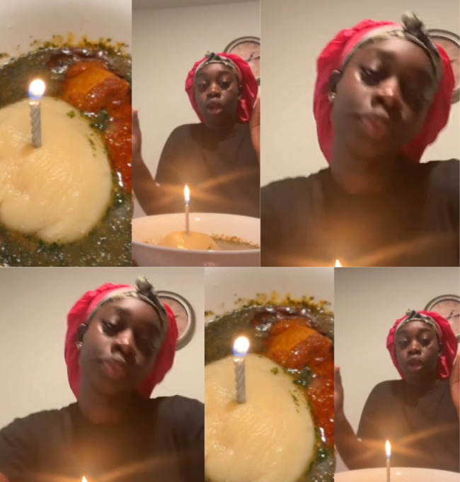 This Nigerian woman celebrates her birthday with a plate of white amala, soup, and ewedu instead of cake.