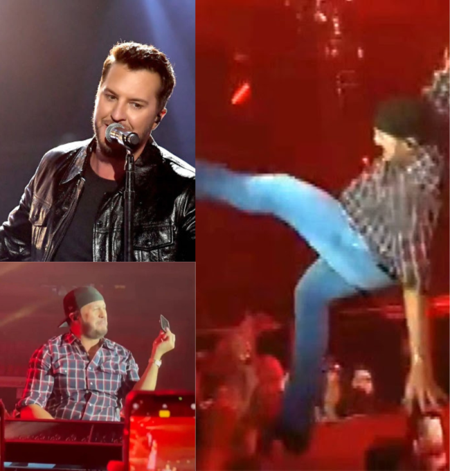 After tripping over a fan's phone, Luke Bryan falls.