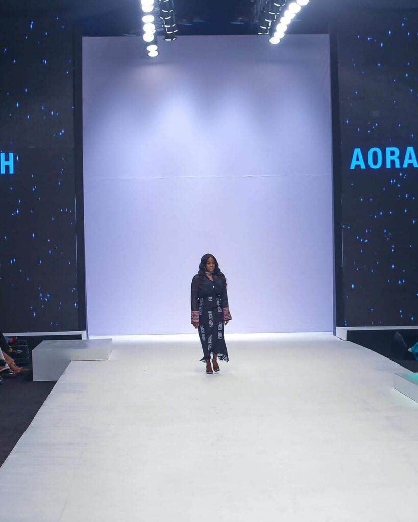 The daughter of Soludo presents her Aorah brand at Lagos Fashion Week.