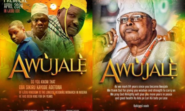 Antar Laniyan and Mr. Macaroni take on the roles of Oba Adetona in the captivating drama, Awujale.