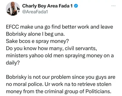 The Economic and Financial Crimes Commission (EFCC) has come under fire from veteran performer Charly Boy for how it handled crossdresser Idris Okuneye, also known as Bobrisky,'s arrest, arraignment, and incarceration. Charly Boy stressed that Bobrisky is not the primary issue facing Nigeria in a post he published on social media, pleading with the commission to move on to more urgent matters. For allegedly misusing the Naira, Bobrisky was detained on April 3 and brought before the court on April 5. The court ordered his remand in EFCC custody until April 9 for sentencing after he entered a guilty plea. Nonetheless, the judgment date has been delayed due to the Eid-Fitri vacation. The post by Charly Boy is below: 